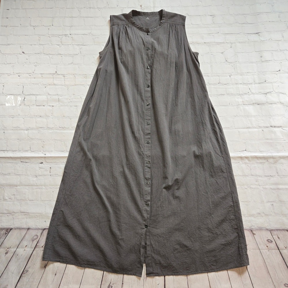 Muji Gray Cotton smock dress Button Front Maxi Sm cottage lagenlook minimalist